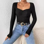 Womens Basic Fashion T Shirt Simple Design Square Neck Long Sleeve Lace Trim Solid Color Spring