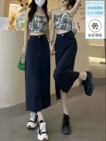 跨境牛仔半身裙女2023春季新款学生显瘦高腰开叉大码中长款a字裙