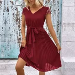 Summer Elegant Lace Pleated Dress Sweet Design Solid Color European and American Style Perfect f