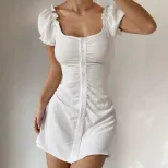 Bodycon Short Sleeve Dress Slim Fit Button Closure Elegant Street Style Perfect for Casual Outin