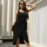 Summer Womens Black Dress Sleeveless Irregular Hem Sexy Design Perfect for Parties and Events Wh