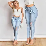 High Elasticity Womens Denim Pants Slim Fit Distressed Hem Bow Detail Casual Wear Ready to Ship