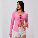 Womens Sexy Tie Front Cardigan T Shirt Elegant Design Spring Summer Style Vivid Fuchsia Color Wh