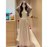Layered Mesh Maxi Skirt for Women Elastic Waist Casual Spring Summer Wear in Apricot