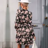 Vintage Floral Ruffle Hem Dress Lantern Sleeve V Neck Autumn Style Perfect for Casual Outings OE