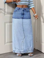 Color Block Denim Midi Skirt Casual Style High Slit Design Versatile for Everyday Wear Wholesale