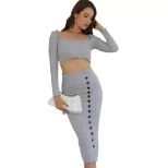 Knitted Crop Top and Bodycon Skirt Set Long Sleeve Cropped Split Hem Autumn Winter Fashion Whole