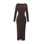 Slim Fit Knitted Dress for Women Deep Brown Color Asymmetrical Neckline Metal Ring Detail Side S