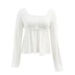 Elegant Womens Long Sleeve T Shirt Square Neck Waist Cinching Versatile Design Spring Summer Cas