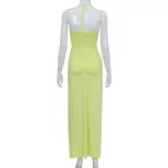 Womens Halter Neck Dress Slim Fit Ruffle Trim Pleated Side Slit Elegant Long Dress for Parties a