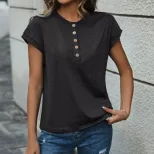 Casual Short Sleeve T Shirt for Women Round Neck Button Front Solid Color Versatile Everyday Wea