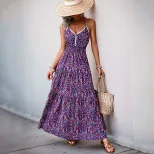 Purple Floral Print Backless V Neck Maxi Dress for Beach Vacation Casual Wear Wholesale private label