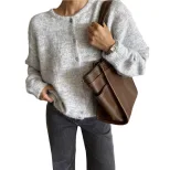 Womens Vintage Grey Wool Cardigan Soft Knit Versatile Button Closure Casual Wear Fall Winter Who