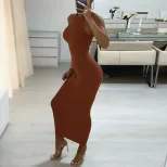 Womens Fashion Sleeveless Bodycon Dress Round Neck Elegant Fit Color Block Design Perfect for Pa