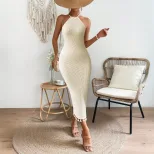 Customizable Sleeveless Knit Maxi Dress Halter Neck Fitted Silhouette Fringe Hem Beach Vacation