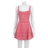 Summer Womens Fashion Floral Print A Line Dress Square Neck Backless Sweet and Fresh Perfect for