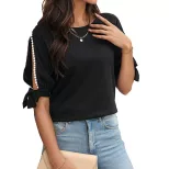 Lace Short Sleeve Top Versatile Minimalist Unique Tie Design Shoulder Cutouts Casual Wear Wholes