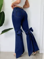 High Waisted Flared Jeans Vintage Style 3D Bow Detail Slim Fit Stretch Fabric Casual Wear Wholes