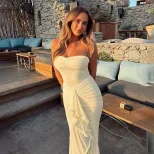Spring Womens Dress Solid Color Ruffled Hem Sexy Strapless Bodycon Side Slit Perfect for Parties