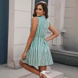 Casual Striped Shirt Dress Sleeveless Stand Collar Button Front Summer Fashion for Women Wholesa