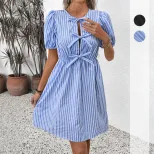 Vintage Striped Dress Summer Collection Round Neck Bow Tie Detail Elegant Style Wholesale Availa