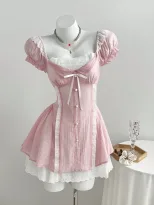 Mini Dress Color Block Puff Sleeves Bow Tie Detail Waist Cinching Casual Wear for Women Ready to