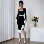 Hepburn Style Black and White Color Block Dress Long Sleeve Ruffle Hem Slim Fit Spring Summer Oc