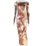 Vintage Floral Print Off Shoulder Long Sleeve Bodycon Dress Double Layer Collar Sexy Fit Perfect