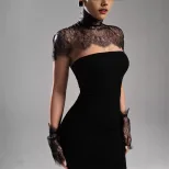 Lace Evening Gown Sleeveless Strapless Elegant Solid Color with Lace Sleeves Perfect for Formal