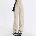 High Waisted Straight Leg Work Pants Loose Fit Wide Leg Large Pockets Casual Denim Trousers for