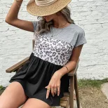 Loose Fit Womens T Shirt Casual Short Sleeve Round Neck Color Block Leopard Print Perfect for Ev