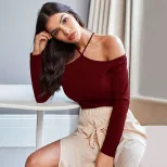 Off Shoulder Long Sleeve T Shirt Slim Fit Burgundy Color Spring Summer Style Womens Casual Wear