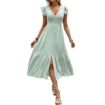 Sweet and Fresh V Neck Dress with Flutter Sleeves Solid Color Lightweight Fabric Perfect for Spr