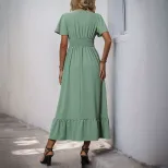 Summer Ruffle Hem Maxi Dress V Neck Fresh Green Elegant Design Perfect for Casual Outings Wholes