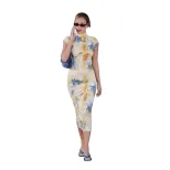 Elegant Floral Color Block Print Bodycon Dress Short Sleeve Half High Neck Spring Summer Fashion