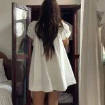 Womens Summer Dress Elegant Slim Fit Loose Puff Sleeve Ruffle Hem White custom packaging