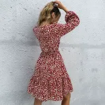 Burgundy Floral Print Long Sleeve Dress for Women Round Neck A Line Silhouette Casual Wear