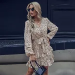 Leopard Print Long Sleeve Dress Elegant Cake Skirt Design Perfect for Autumn and Winter Events W