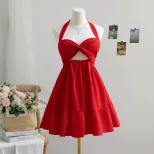 Red Backless Mini Dress Sexy Halter Neck Summer Fashion Lightweight Fabric Perfect for Parties a