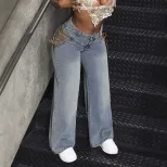 High Waisted Tie Design Denim Pants Womens Fashion European and American Style Casual Wear Whole