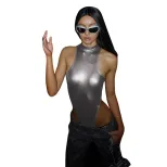Womens Reflective Sleeveless Bodysuit Trendy Bright Colors Stand Up Collar Bodycon Fit Nightclub