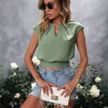 Casual Hollow Back Bow Tie Top Womens Spring Summer Collection Round Neck Lightweight Fabric Sty