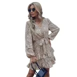 Leopard Print Long Sleeve Dress Elegant Cake Skirt Design Perfect for Autumn and Winter Events W
