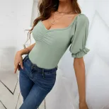 V Neck Puff Sleeve Knit Top Slim Fit Waist Cinching Elegant Style Perfect for Office Wear Wholes