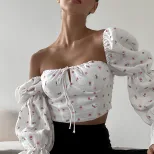 Womens Floral Crop Top Fresh Sweet French Style Puff Sleeves Square Neck Tie Detail Perfect for