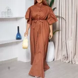 Fashionable Summer Long Dress Loose Fit Belted Single Breasted Flared Sleeves Perfect for Casual