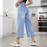 High Waisted Wide Leg Jeans Straight Cut Cropped Length Denim Fabric Casual Wear for Women Whole