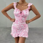 Floral Print Vacation Dress Strapless Design Short Length Lightweight Fabric Summer Casual Wear