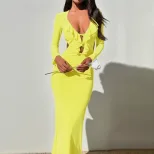 V Neck Long Sleeve Bodycon Dress Ruffle Hem Hollow Out Side Slit Slim Fit Evening Party Wear Who