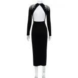 Elegant High Split Long Sleeve Dress Solid Color High Waist Rhinestone Details Perfect for Eveni